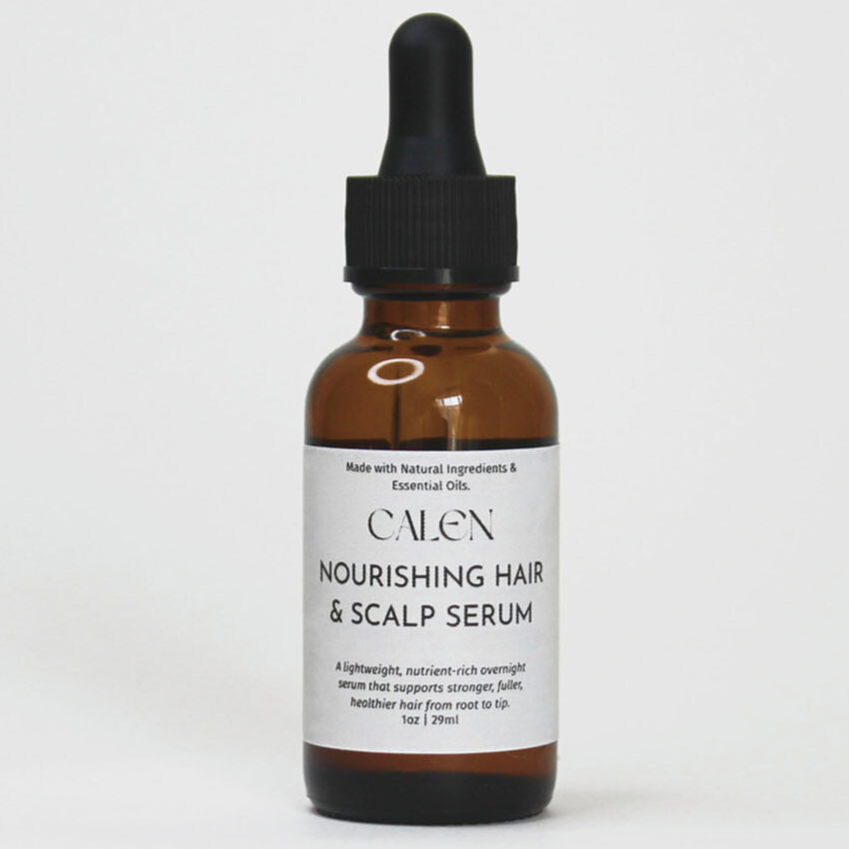 Brown glass bottle of Calen nourishing hair and scalp serum on a white background