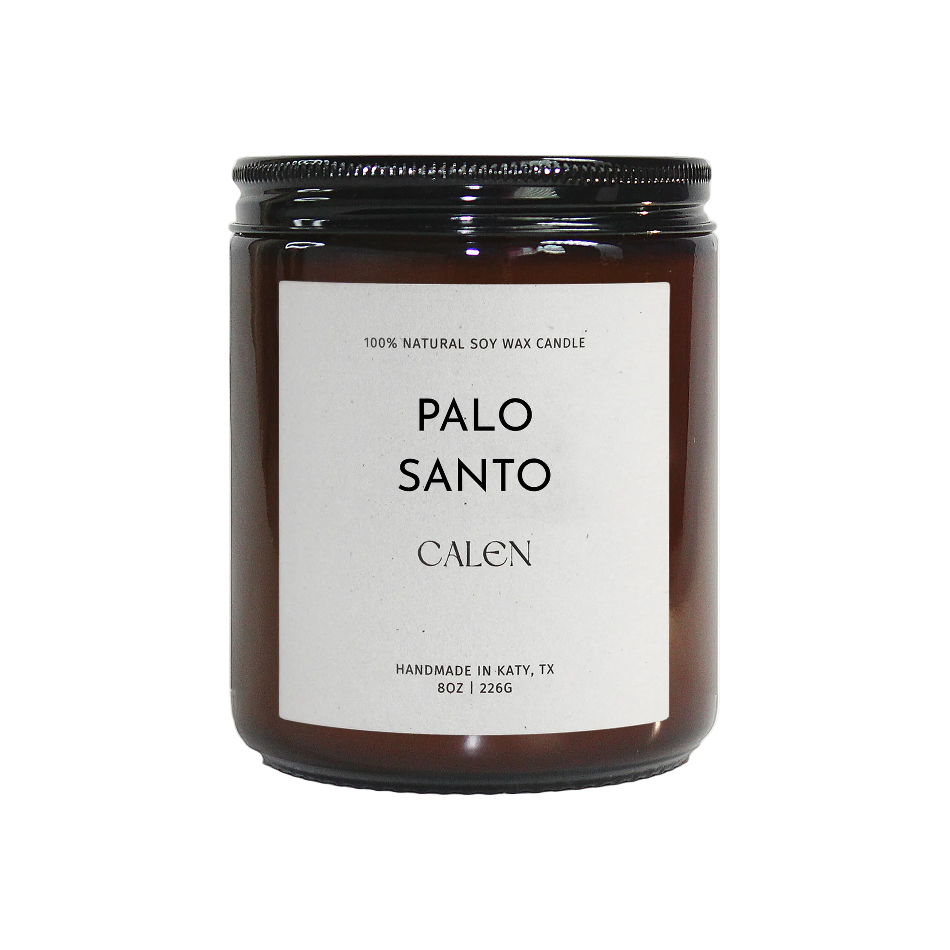 Candle labeled 'Palo Santo' by 'Calen' on a white background