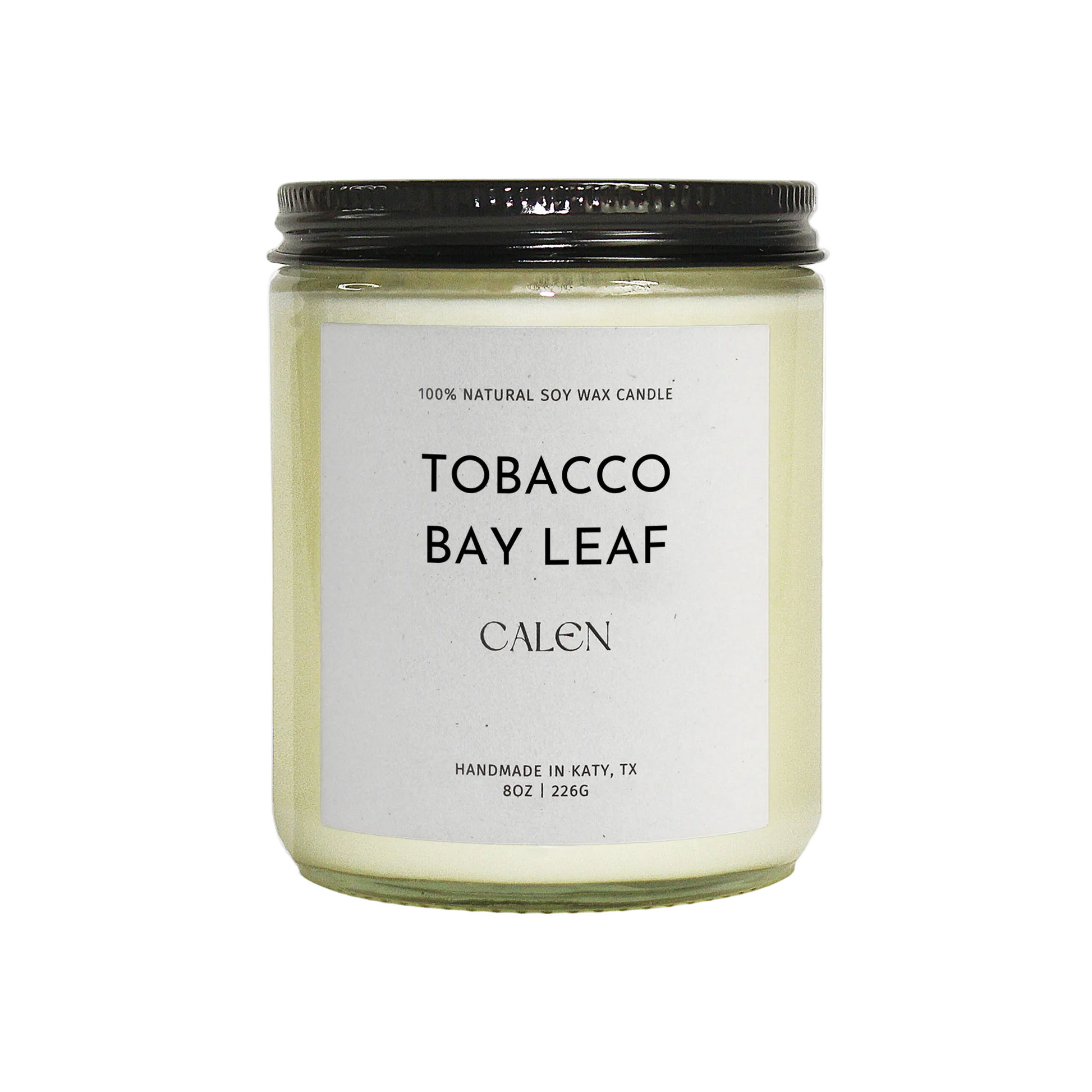 Candle jar labeled 'Tobacco Bay Leaf' by 'Calen' on a white background