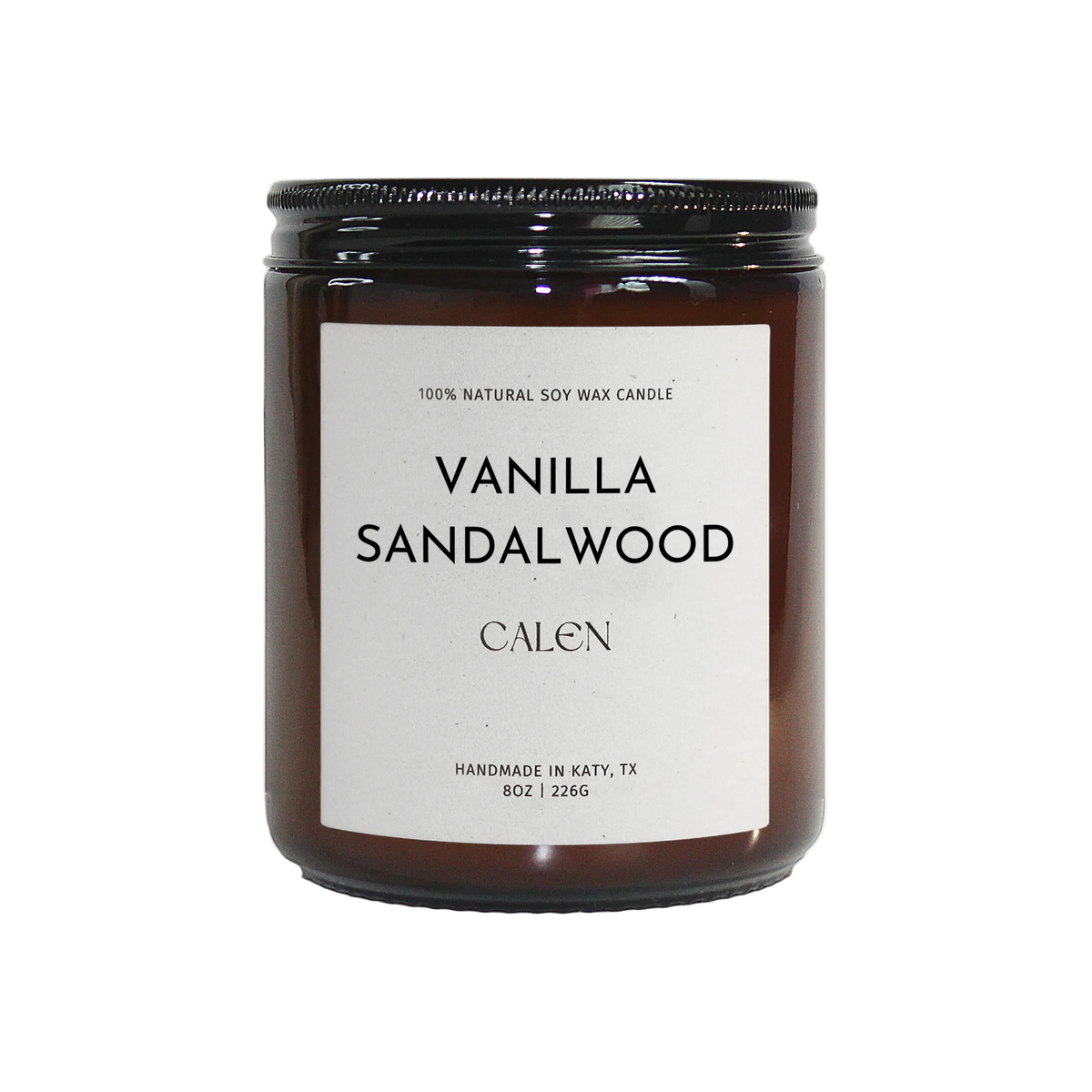 Vanilla sandalwood candle with a black lid on a white background
