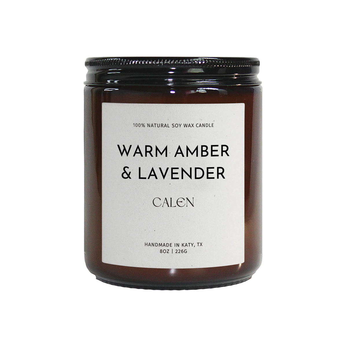 Candle with 'Warm Amber & Lavender' label on a white background