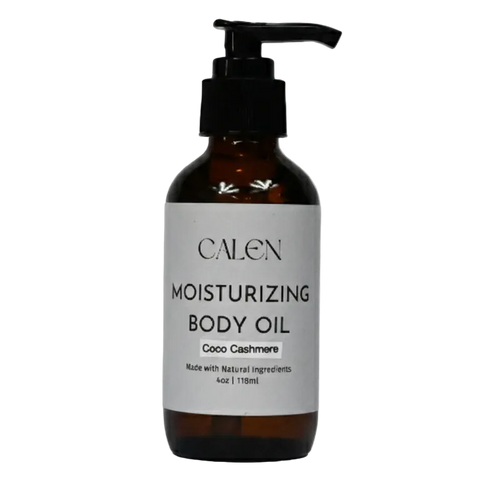 Bottle of Calen moisturizing body oil on a white background
