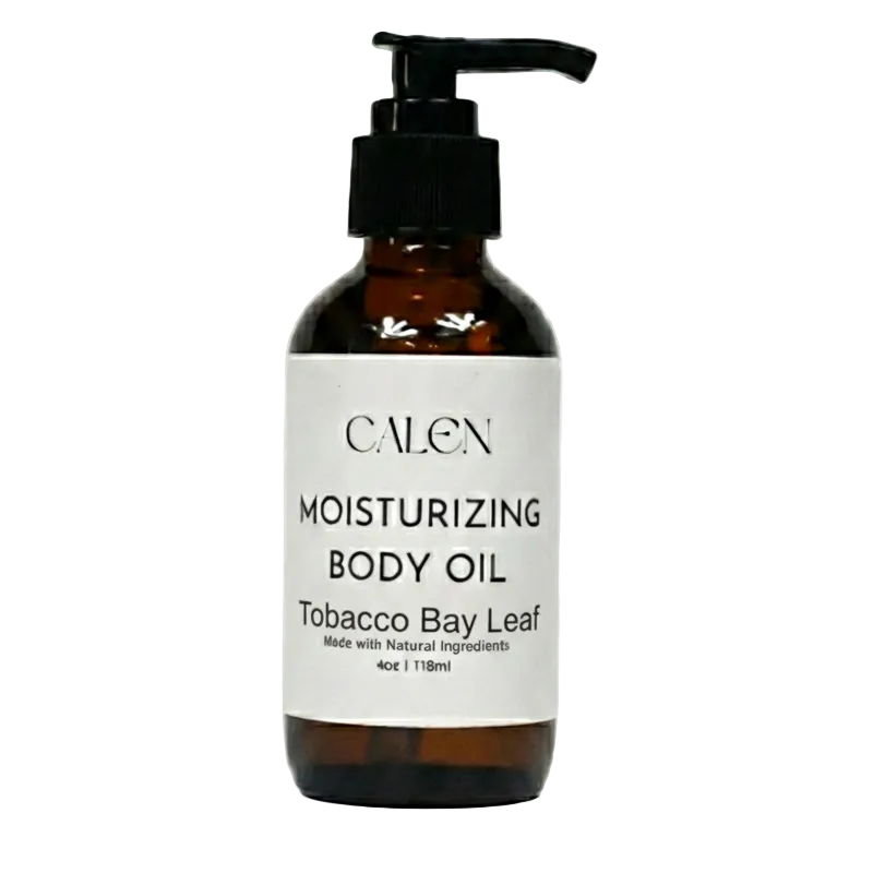 Bottle of Calen moisturizing body oil with a pump on a white background