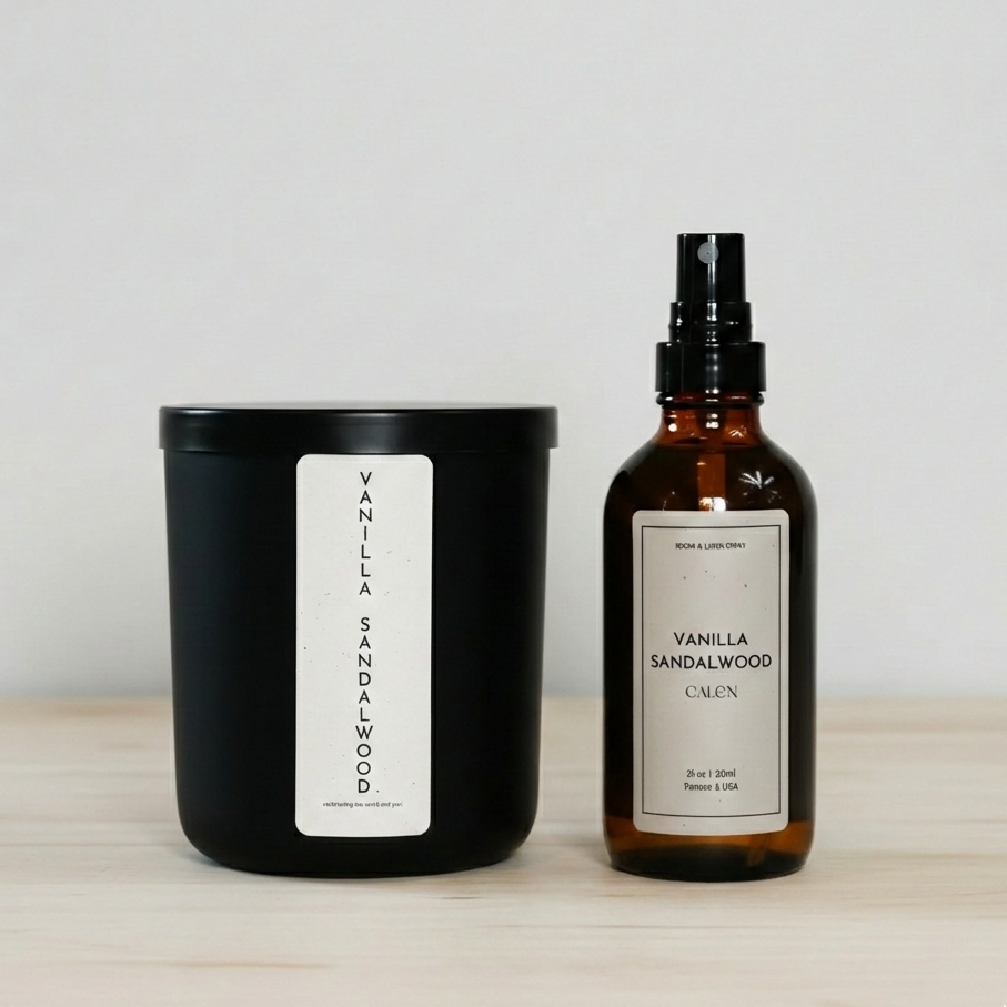 Vanilla sandalwood candle and bottle on a wooden surface with a white background