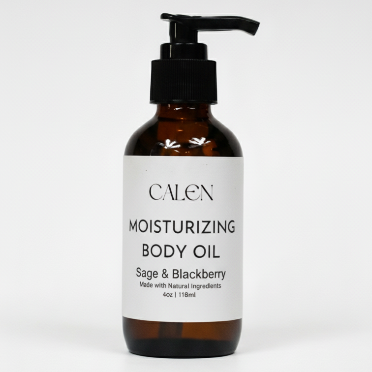 Bottle of Calen moisturizing body oil on a white background
